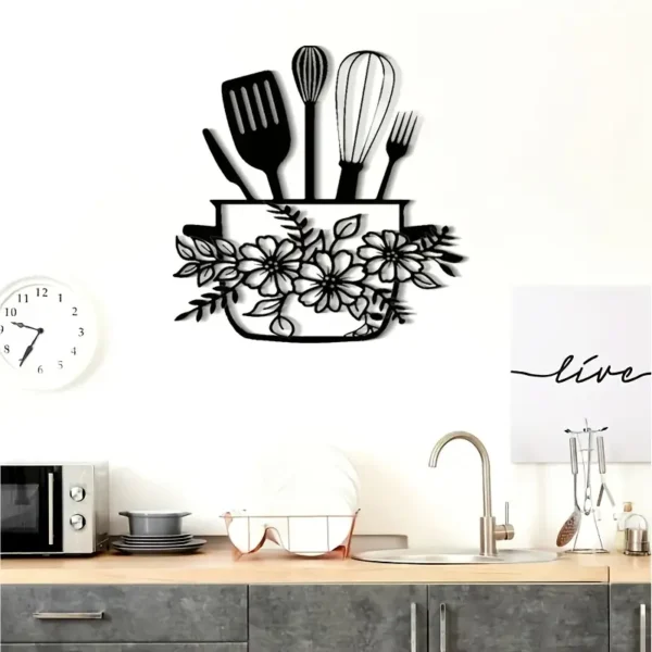 Black Floral & Kitchen Utensil Design - Home Wall Decor